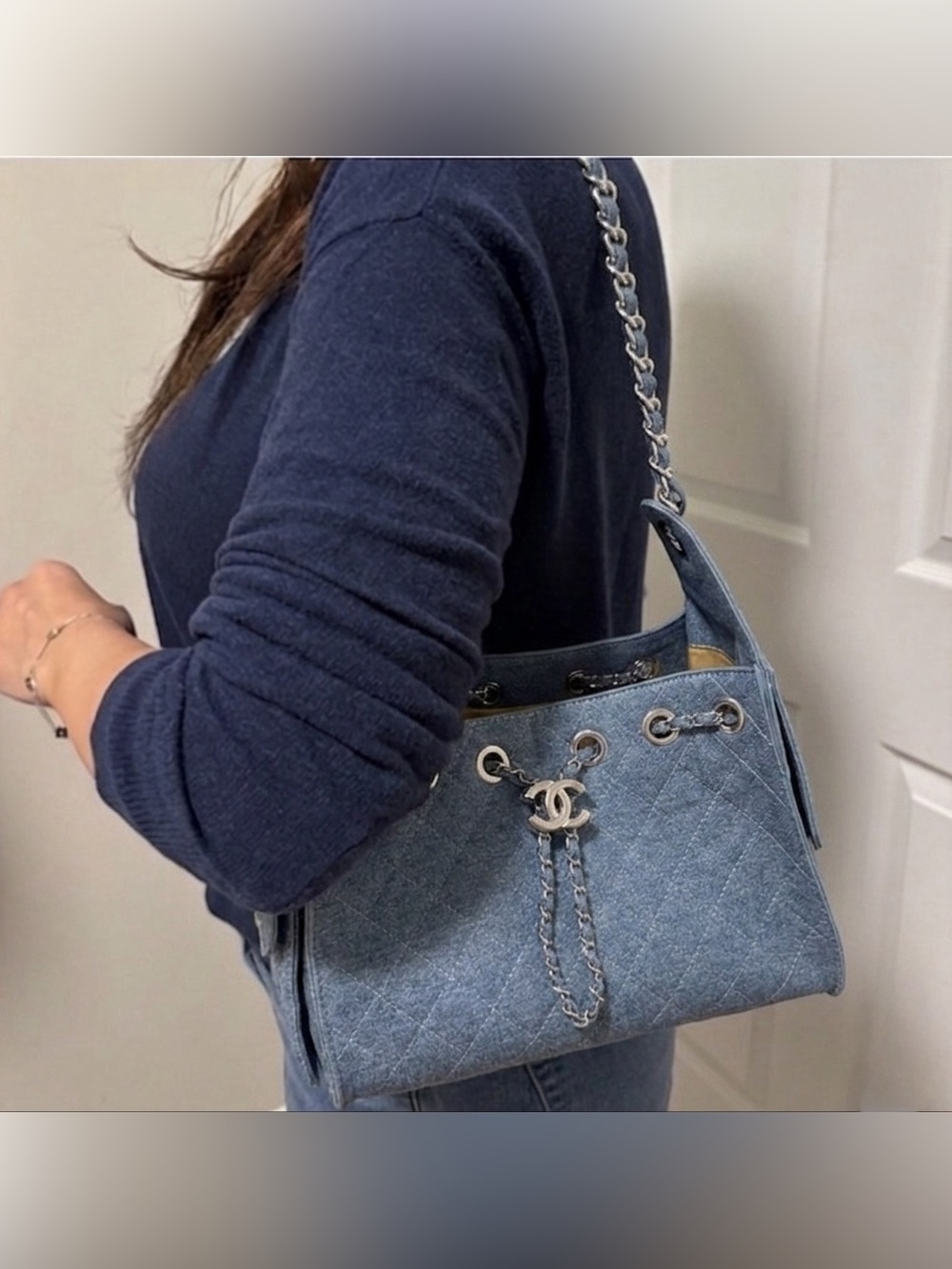 CHANEL 25 Light Blue Quilted Denim Shoulder Bag with Silver Hardware